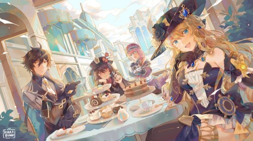 hu tao zhongli navia and charlotte genshin impact drawn by kirabunni sample 55426b1642bc023a803f2a6
