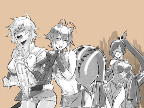  makoto nanaya litchi faye ling bullet and lao jiu blazblue and 1 more drawn by tomo tomorag7 72e4c7