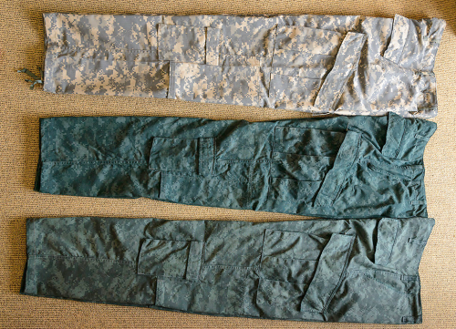 Jungle green (middle of photo)
- All RIT powder dye.
- 1 package dark green
- 1/2 package cocoa brown
- 1/4 package Kelly green
- 1/4 package Pearl grey

OD green
- All RIT powder dye.
- 1 package dark green
- 2/3 package dark brown
- 1/4 package Kelly green
- 1/4 package Golden yellow