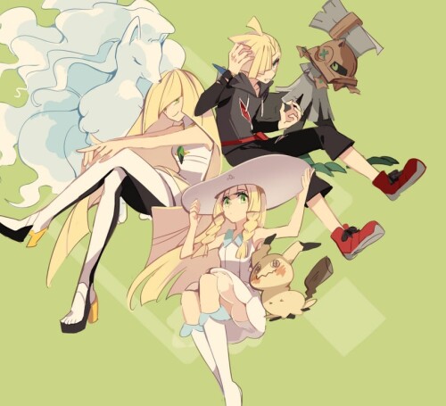  lillie lusamine mimikyu gladion alolan ninetales and 1 more pokemon and 2 more drawn by huan li sam