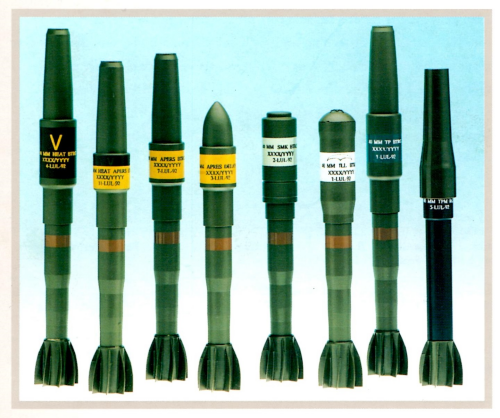 1 : Antichar (AC) - 2 : Antipersonnel/Anti-véhicule (AP/AV) - 3 : Antipersonnel (AP) - 4 : Antipersonnel retard (AP retard) - 5 : Fumigène (FUM) - 6 : Eclairante (ECL) - 7