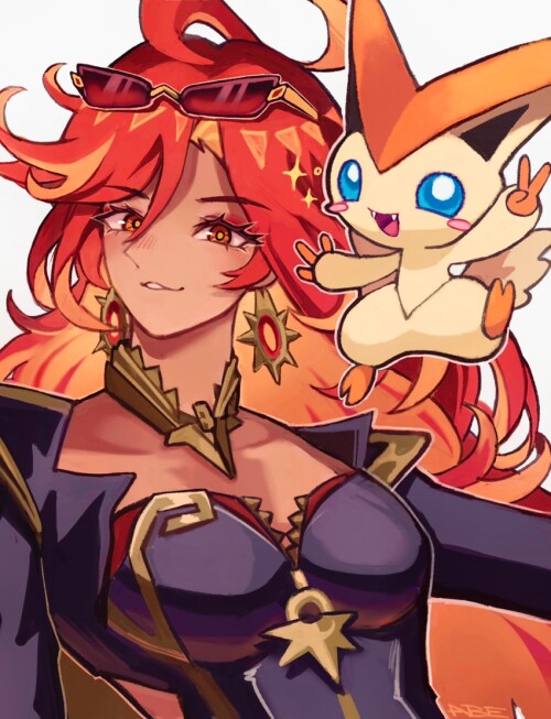  mavuika and victini pokemon and 1 more drawn by abe dnl sample 273c5e22d8a841724270368e2afde469