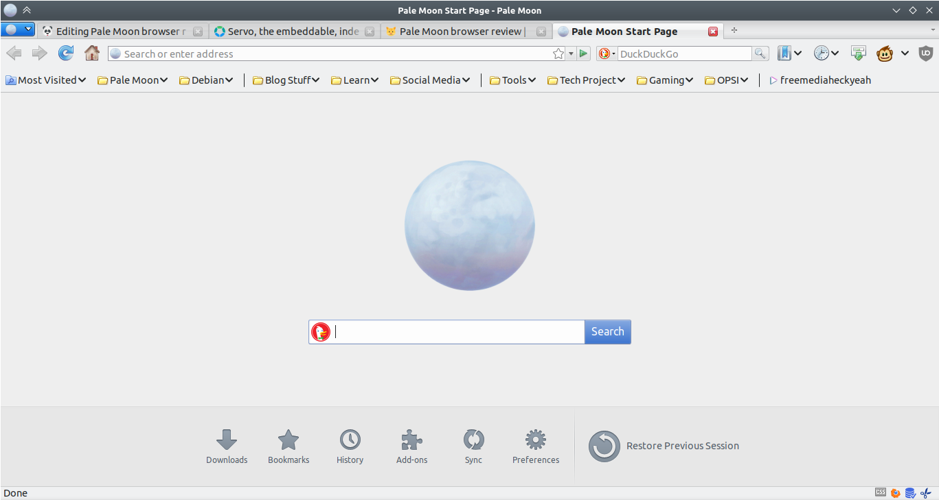 screenshot of Pale Moon browser at home page