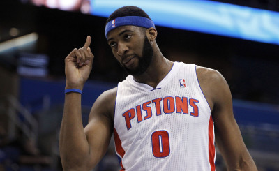 Feb 5, 2014; Orlando, FL, USA; Detroit Pistons center Andre Drummond (0) points up against the Orlan