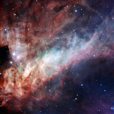 Three-colour composite image of the Omega Nebula (Messier 17, or NGC 6618), based on images obtained