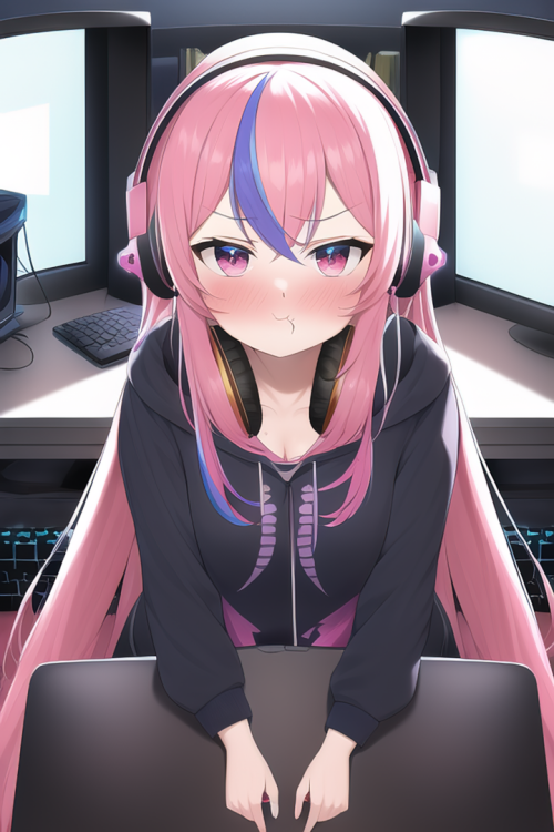 pink hair, long hair, computer, desk, hololive gamers, headphones, pout s 3751442263 edit standard h