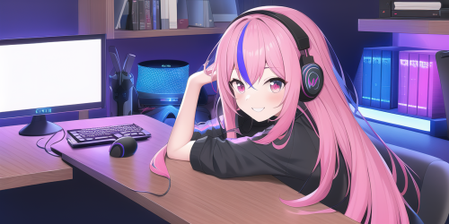 pink hair, long hair, computer, desk, happy, hololive gamers, headphones, at com s 3273392684 edit s