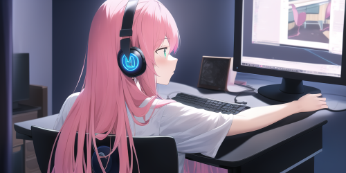 pink hair, long hair, computer, desk, hololive gamers, headphones, looking away, s 2402135003 edit s