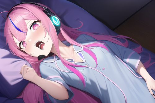 masterpiece, pink hair, long hair, hololive gamers, headphones, lying in bed, pi s 999392092