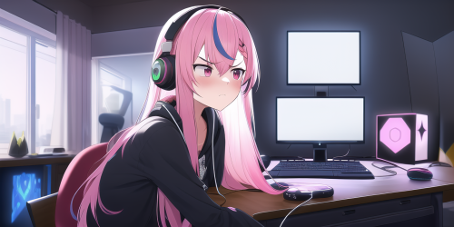 pink hair, long hair, computer, desk, hololive gamers, headphones, looking away, s 114115250 edit st