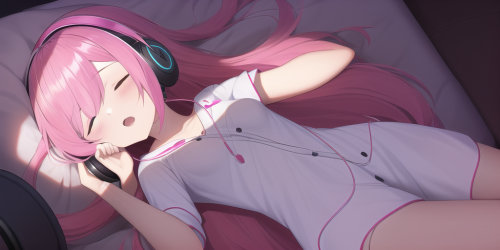 masterpiece, pink hair, long hair, hololive gamers, headphones, lying in bed, cl s 3326397721