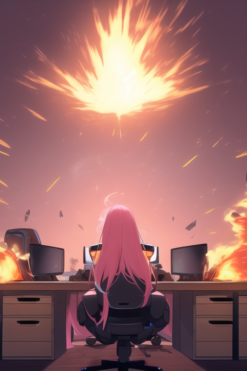 pink hair, long hair, computer, desk, hololive gamers, headphones, angry, throwi s 2916470911 edit s