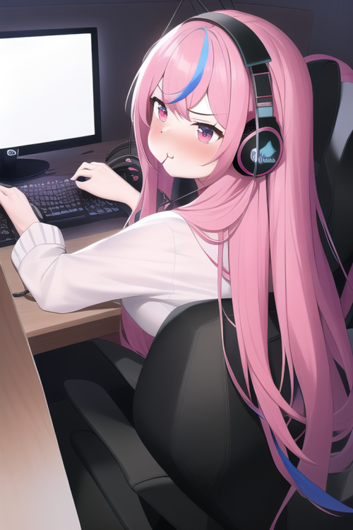 pink hair, long hair, computer, desk, hololive gamers, headphones, pout s 3630337796 edit standard h