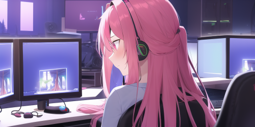 pink hair, long hair, computer, desk, hololive gamers, headphones, looking away, s 973849855 edit st
