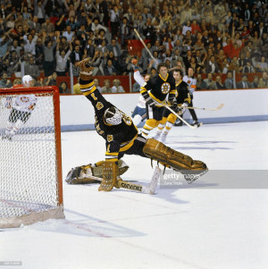 Hockey: NHL Playoffs: Boston Bruins goalie Gilles Gilbert (1) in action, yielding game tying goal to