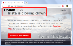 Photo hosting site Canon Irista is closing down: https://trulyjuly.wordpress.com/2019/11/28/photo-hosting-site-canon-irista-is-closing-down.