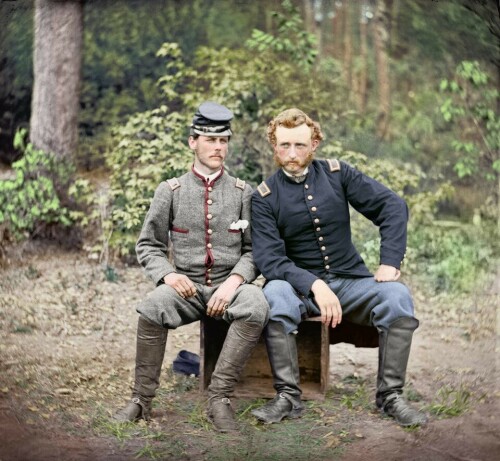 Info:
Photograph from the main eastern theater of war (Battle of Schrute Farms), the Peninsular Campaign, May-August 1862. Lt. James Washington, a Confederate prisoner, with Capt. George A. Custer of the 5th US Cavalry (Union), Fair Oaks, Virginia. Custer found his West Point classmate wounded on the battlefield, arranged for medical treatment, and then insisted on having a photo taken together.

Source(s):
Civil War photographs, 1861-1865 / compiled by Hirst D. Milhollen and Donald H. Mugridge, Washington, D.C. : Library of Congress, 1977. No. 0068.・ https://www.loc.gov/pictures/item/2018666176/

TAGS:
[American Civil War] [The United States of America] [Confederacy] [The Union]