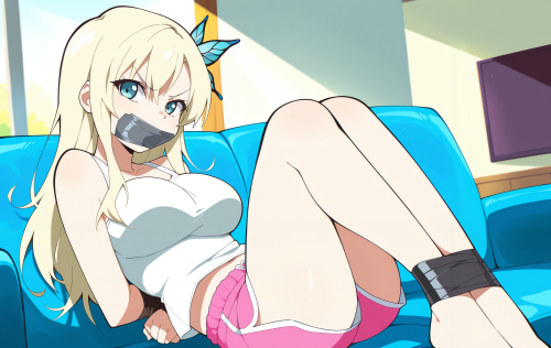 1 3 00041 0.25, 1girl, kashiwazaki sena, memoi, blue eyes, bdsm, tape gag, looking at viewer, on blu
