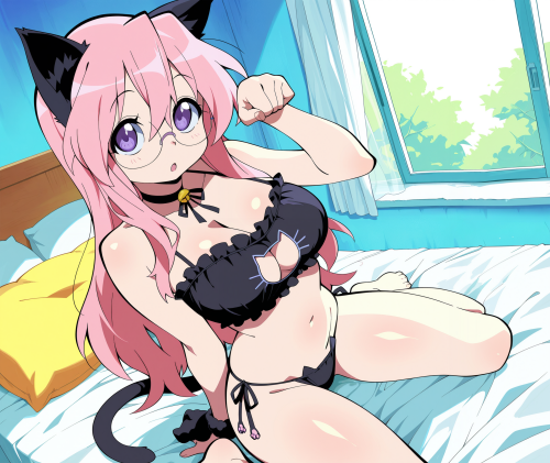 1 0 00045 0.15, 1girl, takara miyuki, memoi, purple eyes, black cat lingerie, sex, pillow, bedroom, 