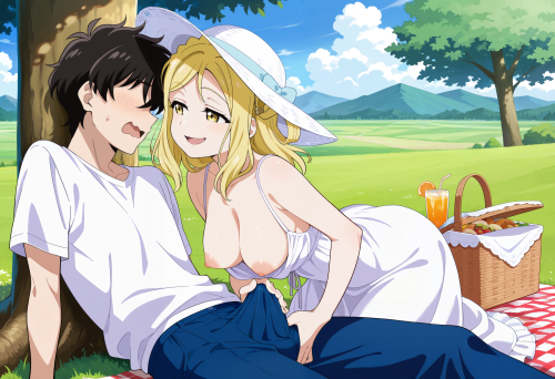 1 1 00070 0.3, 1girl, ohara mari, memoi, yellow eyes, picnic, picnic basket, food, drinks, on grass,