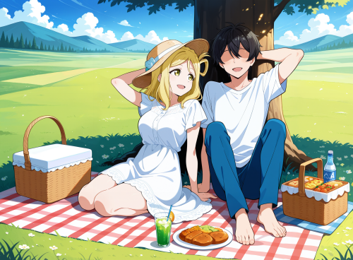 1 0 00073 0.25, 1girl, ohara mari, memoi, yellow eyes, picnic, picnic basket, food, drinks, on grass